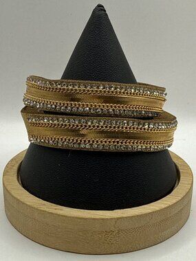 Paparazzi Rocker Rivalry Brass Gold Rhinestone Suede Double Wrap Snap Bracelet